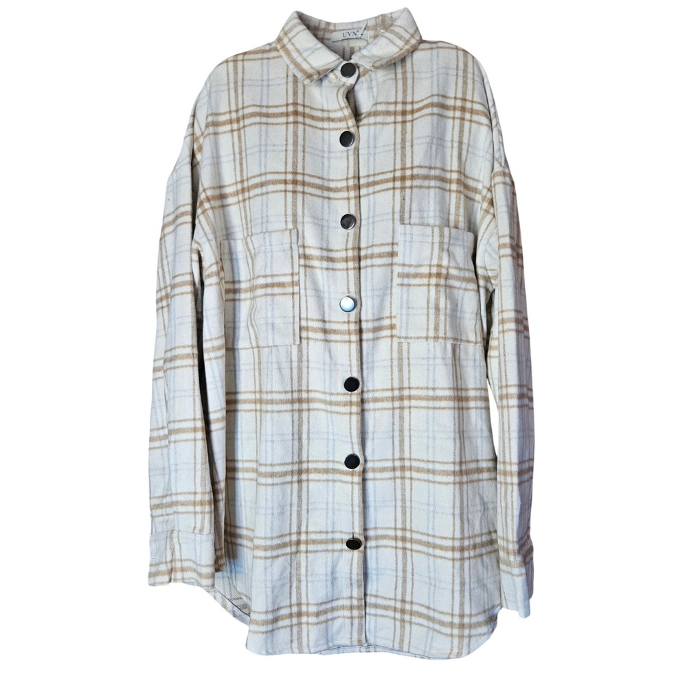 UVN Women Plaid Shacket Oversized Flannel Shirt Jacket Tan White Large NWT New